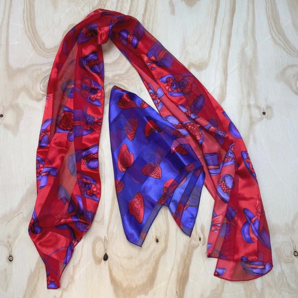 Vintage Red Hat Society Scarf Set Red Purple Sheer Satin Square & Long Rectangle